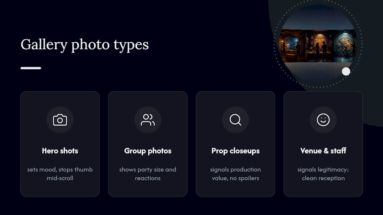 Diagram of escape room photo types and purposes