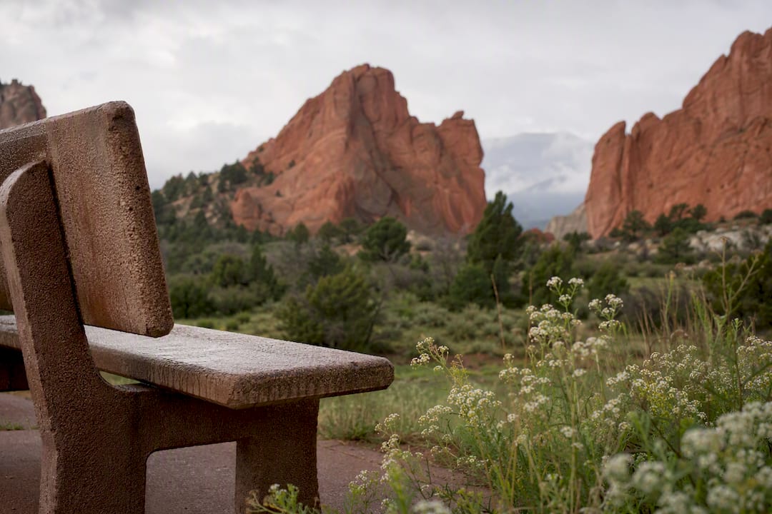 Bench overlooking Garden of the Gods red rocks