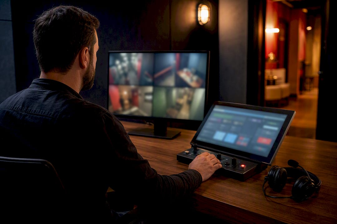 Game master monitoring escape room session