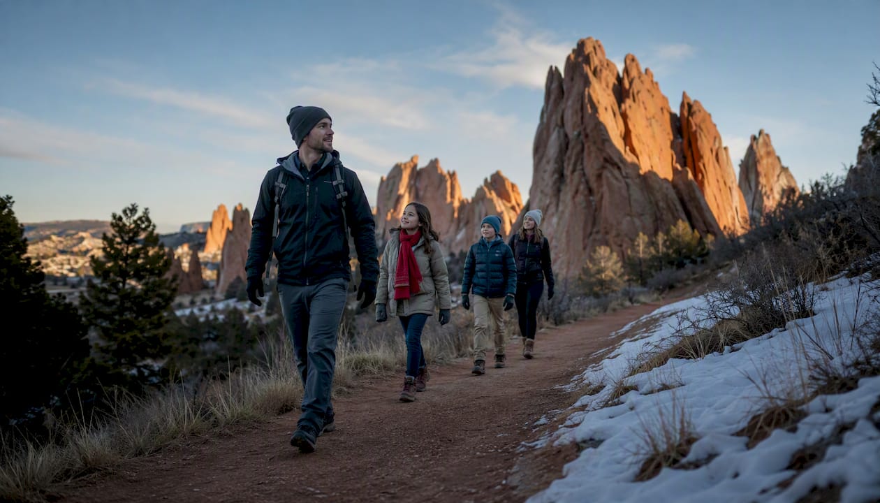 Family walking winter Garden of the Gods trail
