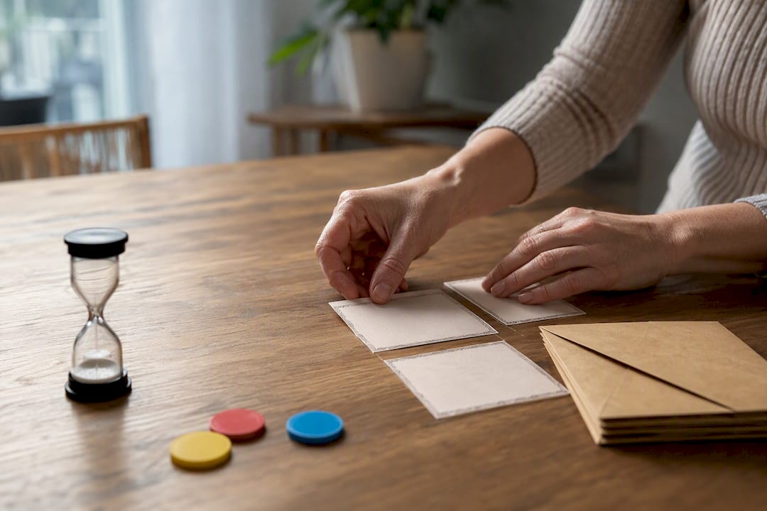 Hands arranging escape room hint cards
