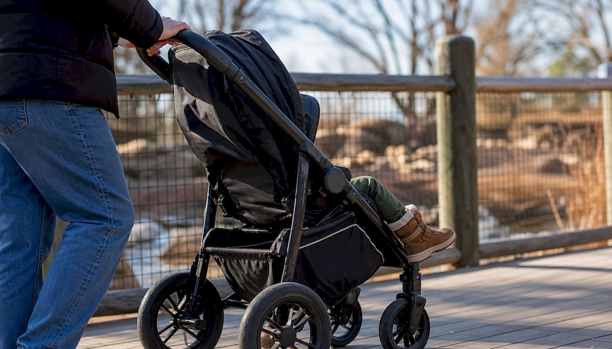 Family stroller moving along a zoo boardwalk