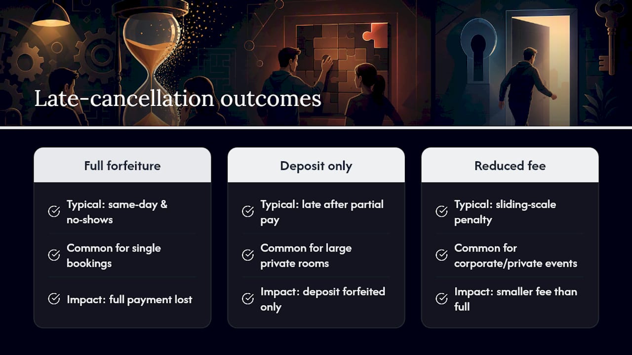 Three escape room cancellation penalty outcomes