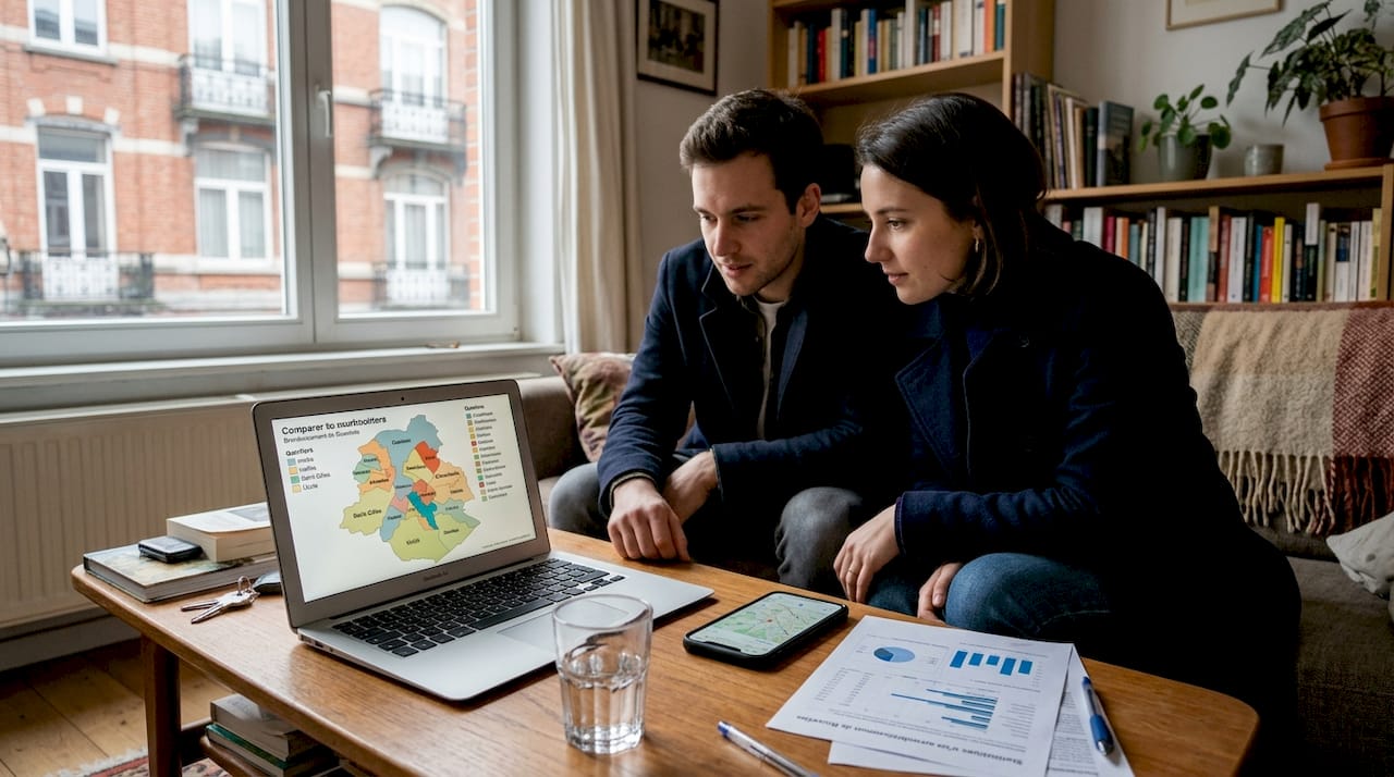 Marché immobilier bruxellois 2026 : guide d'analyse pratique 1 Un couple en train de comparer différents quartiers sur leur ordinateur, à la recherche du lieu idéal pour s’installer.