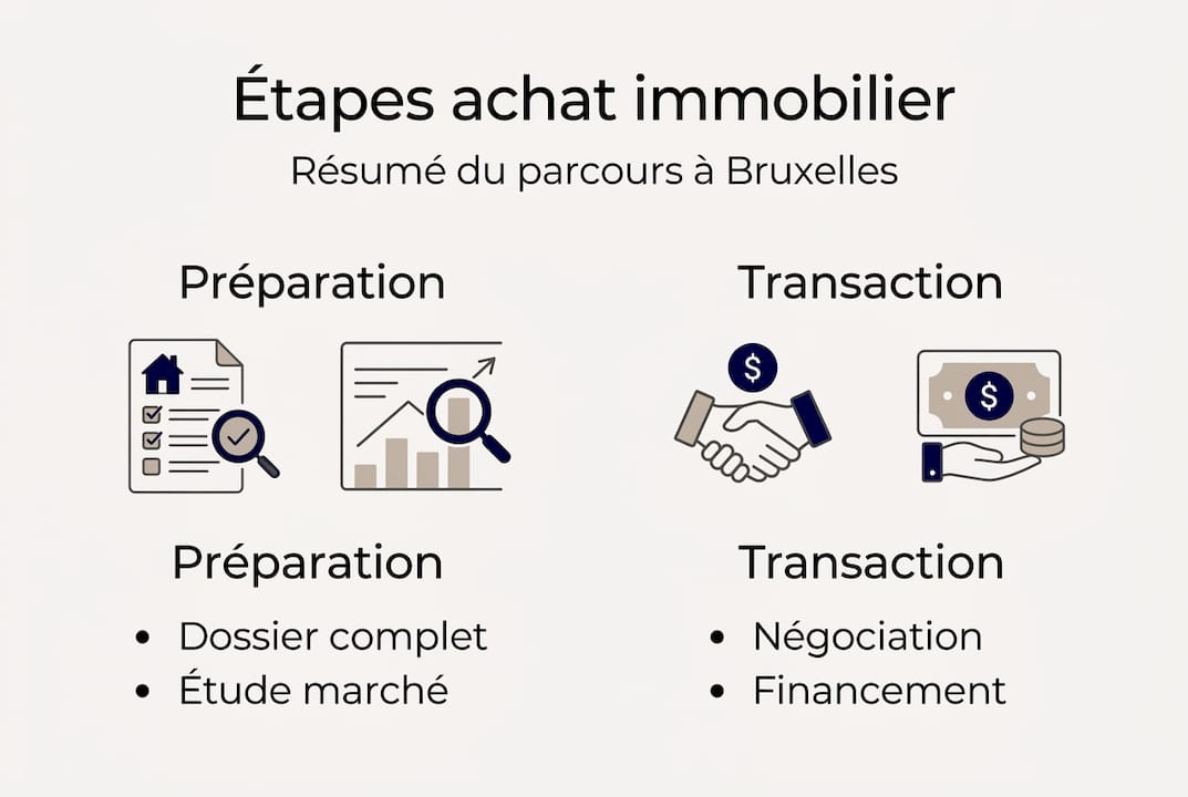 Les étapes clés pour réussir l'achat immobilier à Bruxelles 1 Découvrez notre infographie détaillée présentant les grandes étapes à suivre pour réussir votre achat immobilier à Bruxelles.