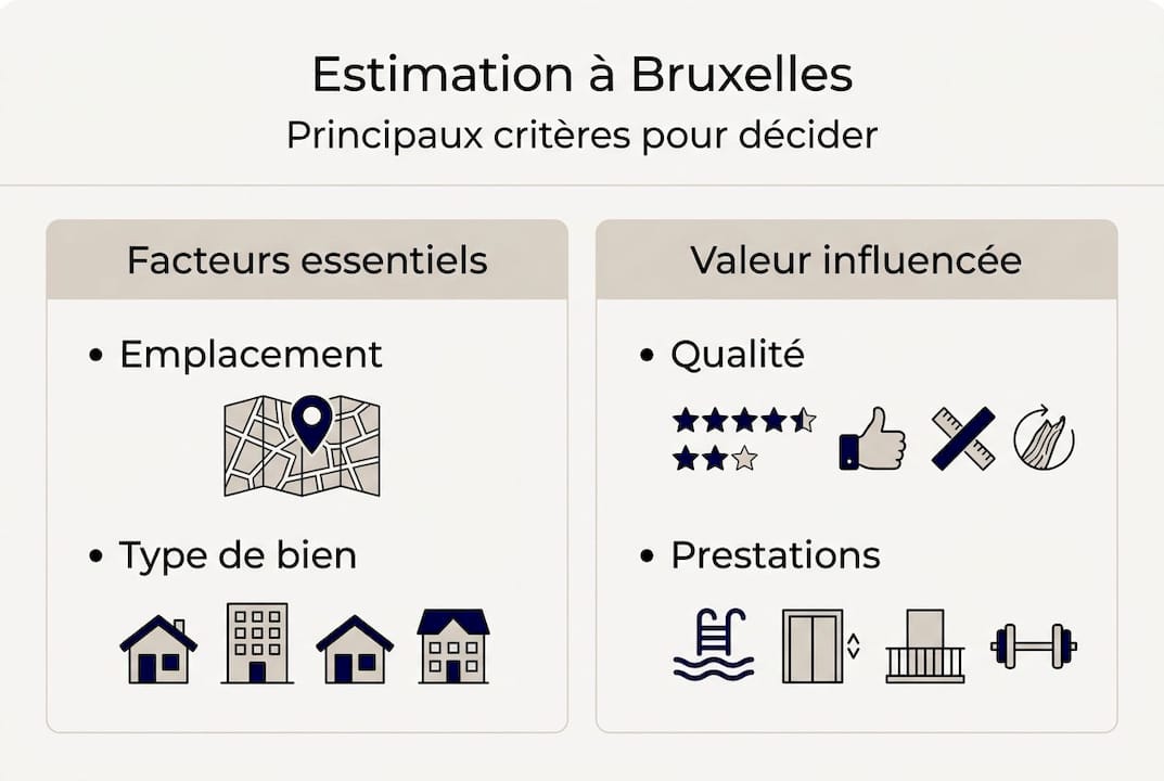 Estimation de bien à Bruxelles : comprendre pour décider 2 Infographie : les principaux critères pour évaluer la valeur d’un bien immobilier à Bruxelles