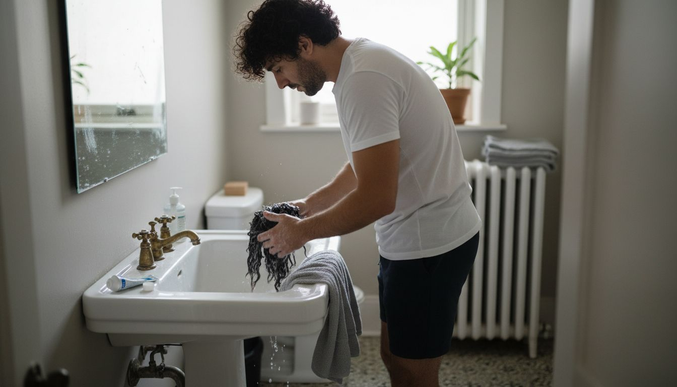 Man applying conditioner to curly hair