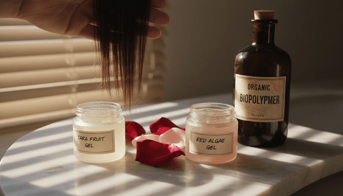 Hand holds shiny hair near biopolymer jars