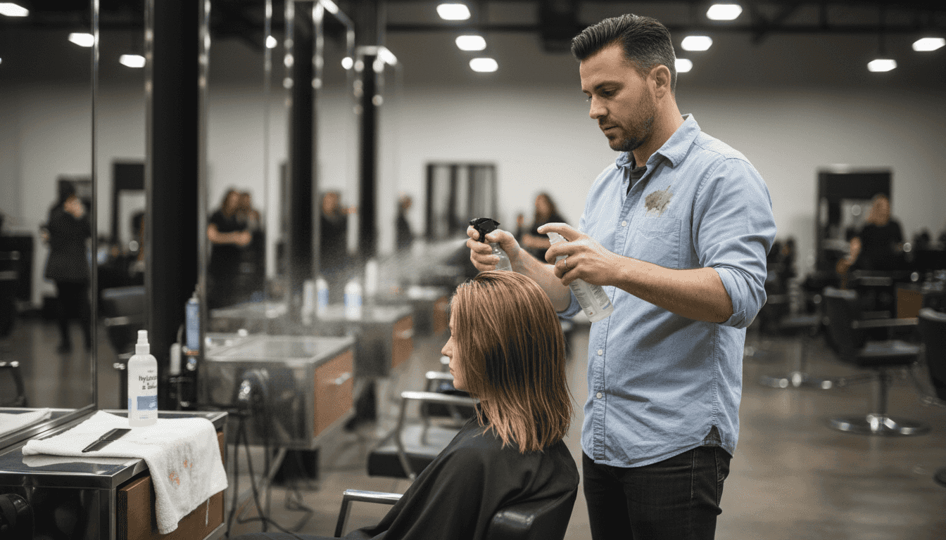Stylist spraying water for hair hydration demo