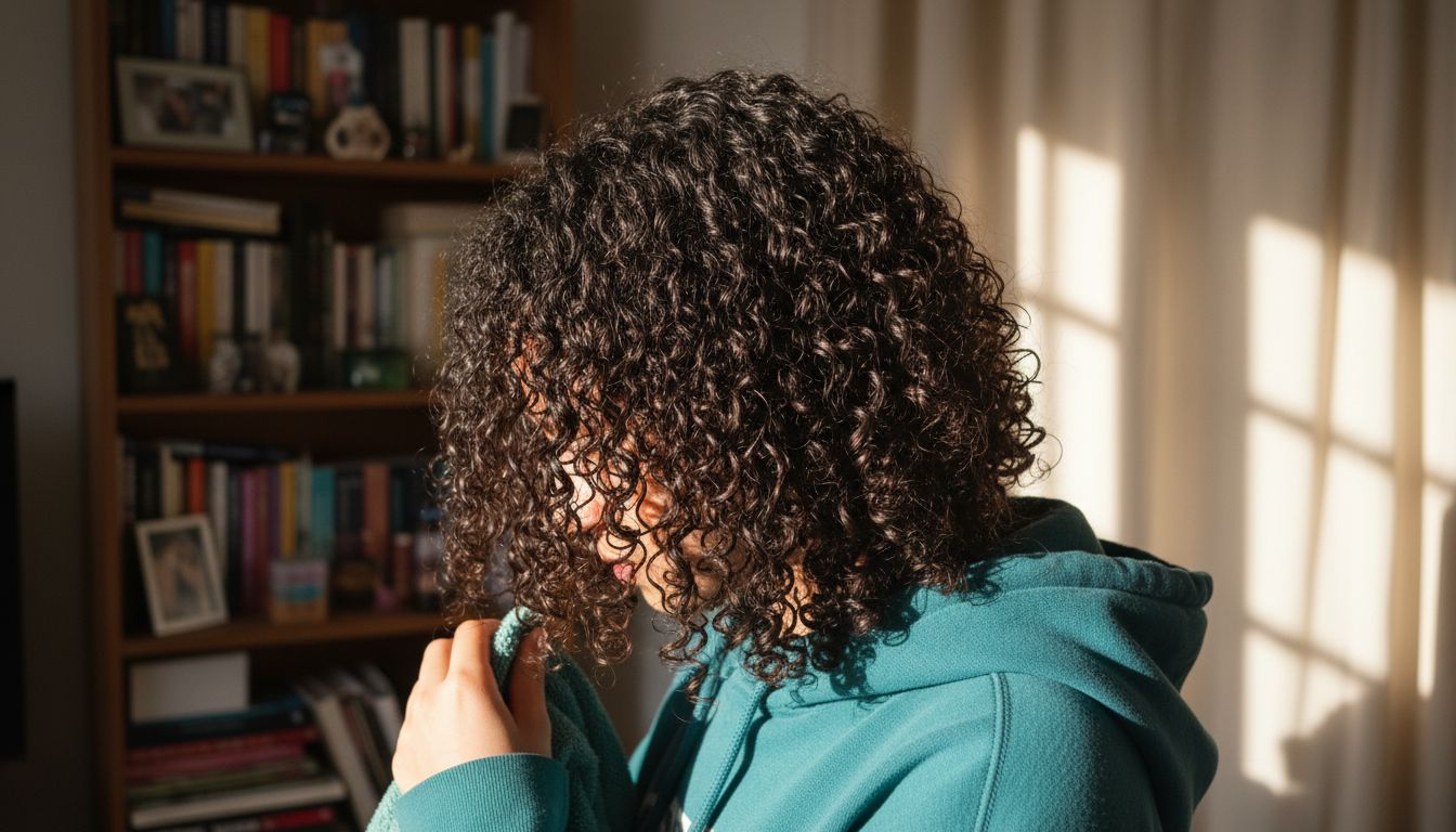 Close-up of defined natural curly hair at home