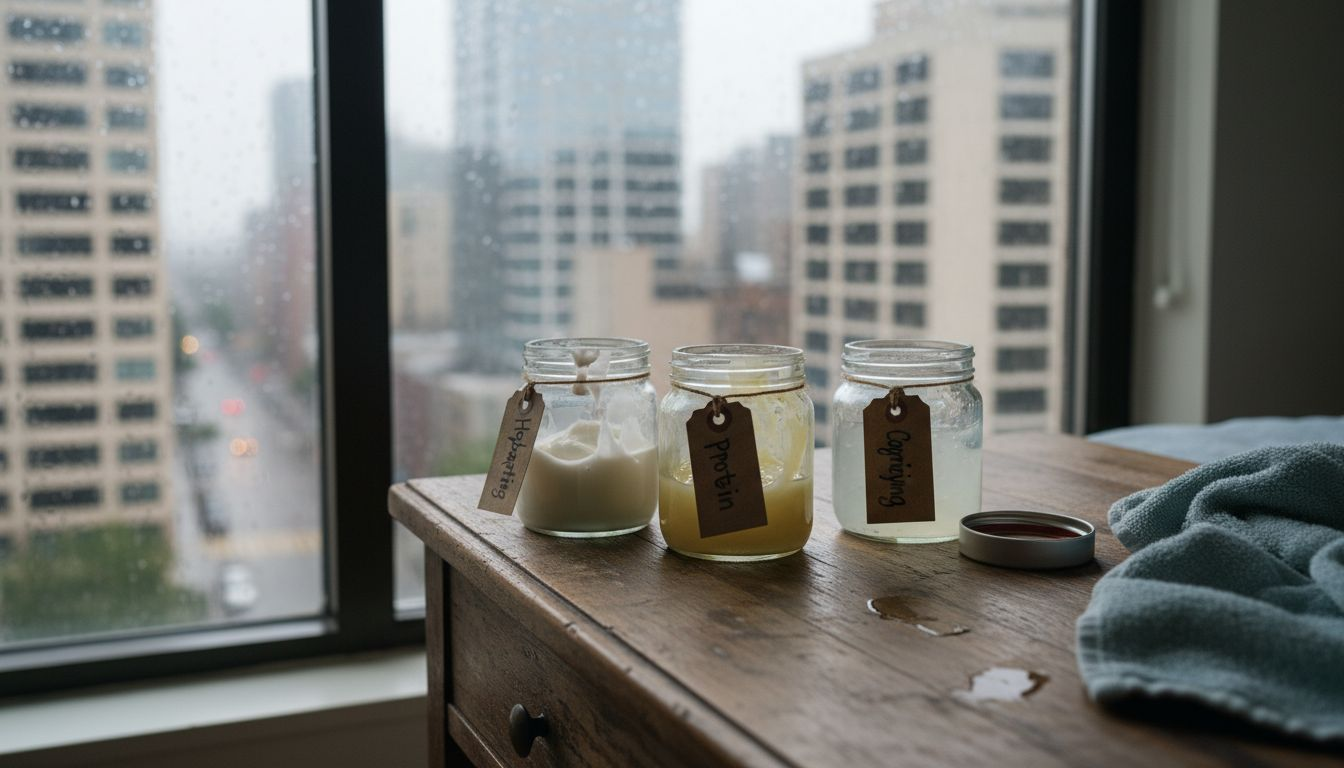 Various hair masks types on wooden vanity