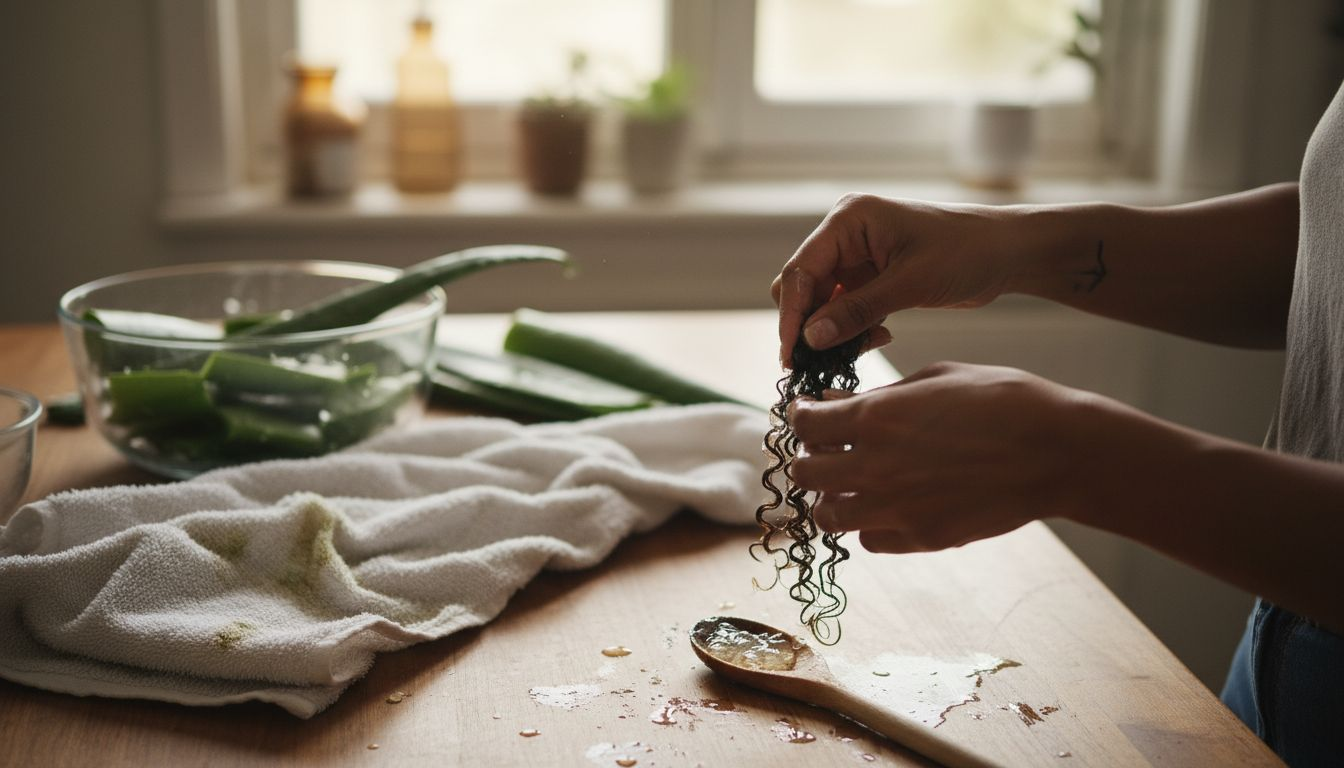 Hands applying aloe gel to curly hair