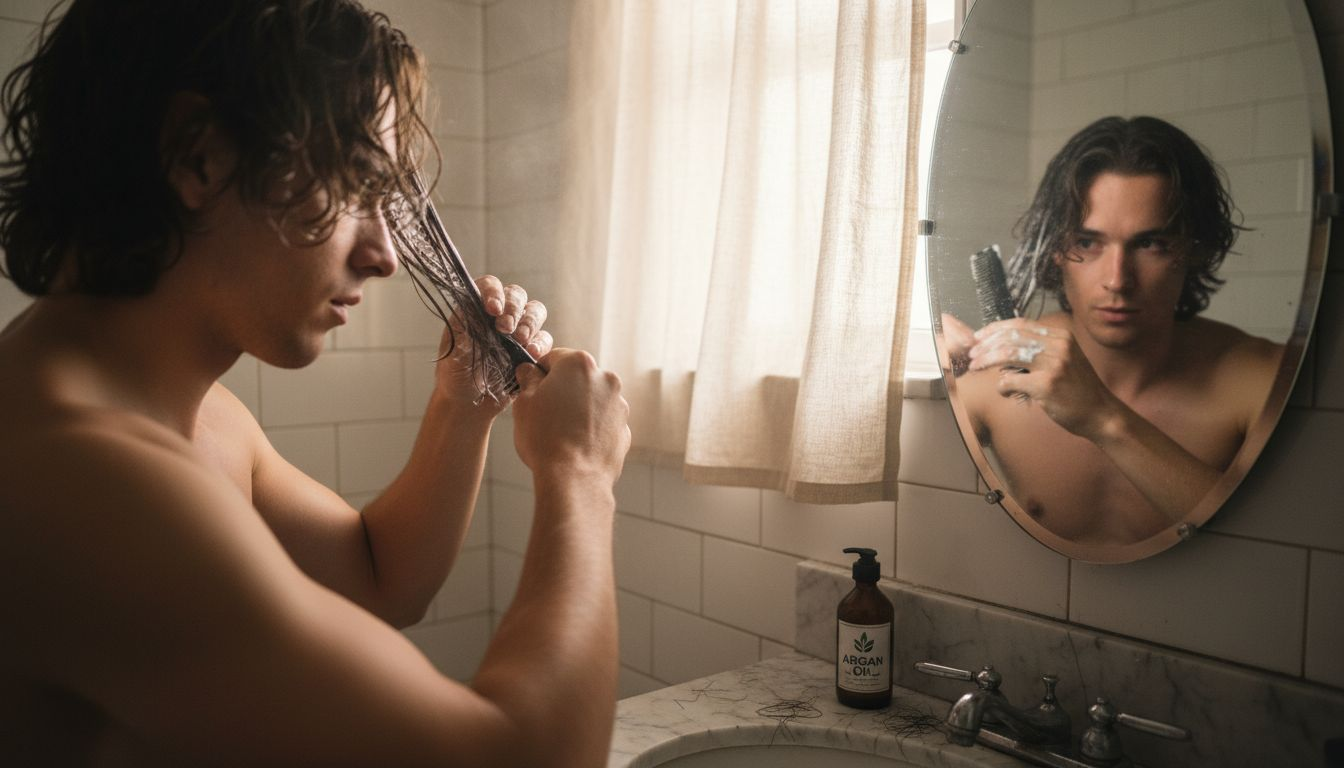 Man deep conditioning hair with comb
