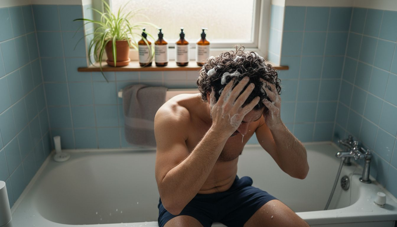 Man applying organic conditioner real bathroom