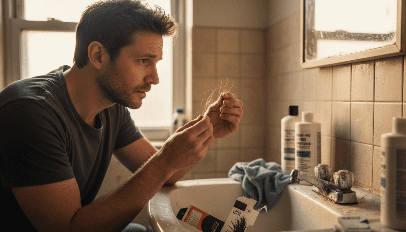 Man examining dry hair with various product bottles