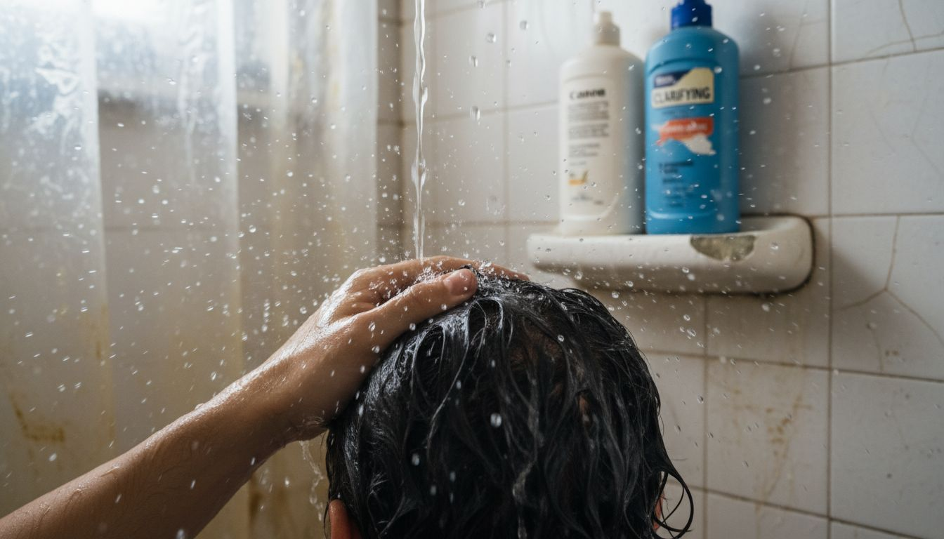 Close-up showing hair buildup in shower
