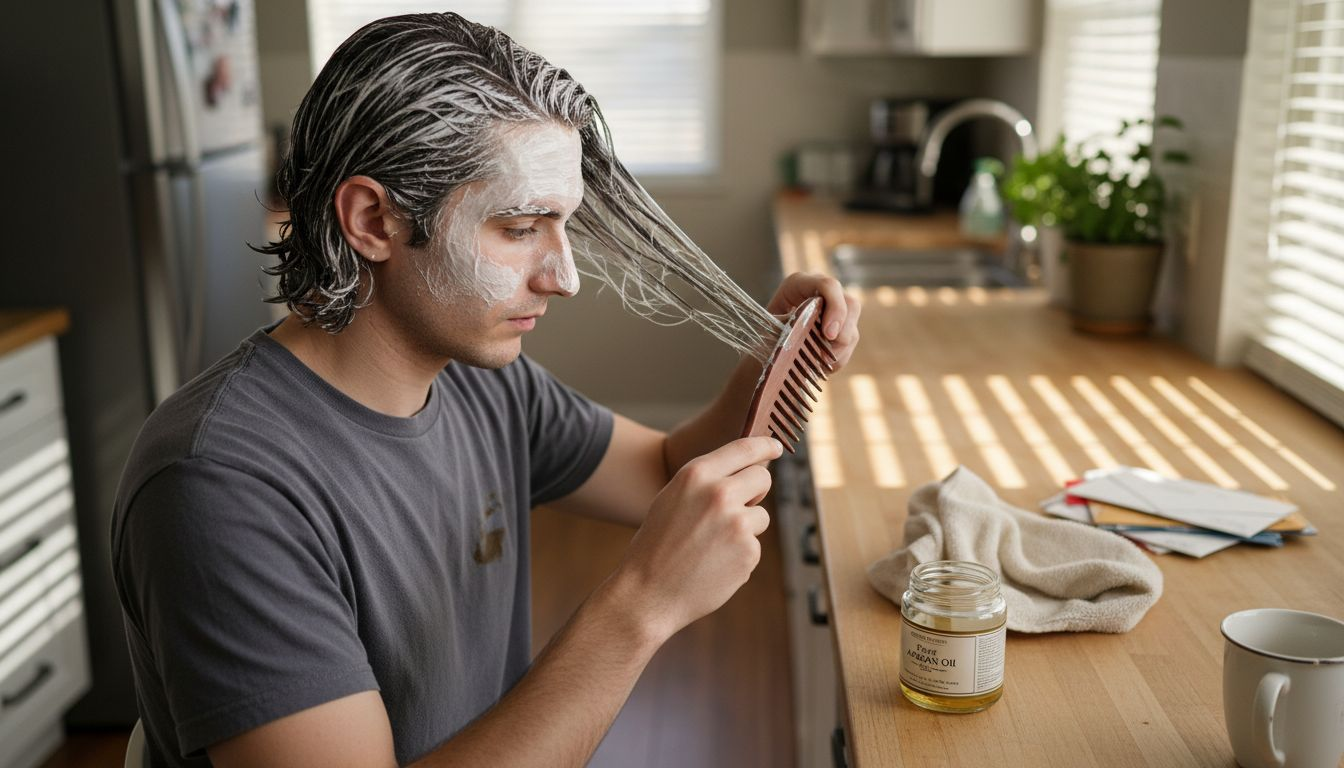 Man applying organic hair mask at home