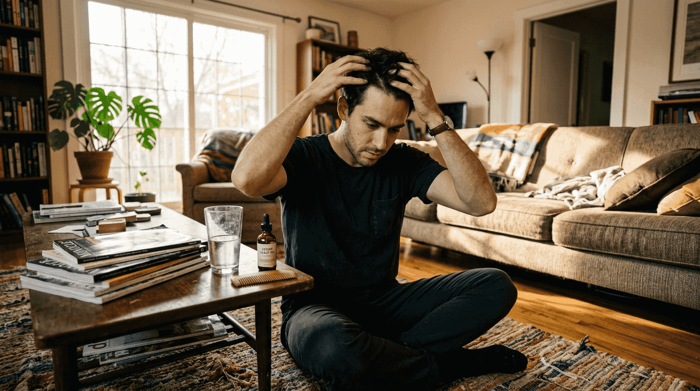 Man applies vegan oil to scalp
