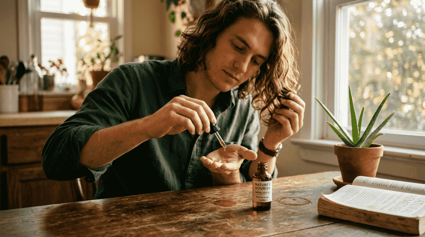 Man applying natural oil to damaged hair ends