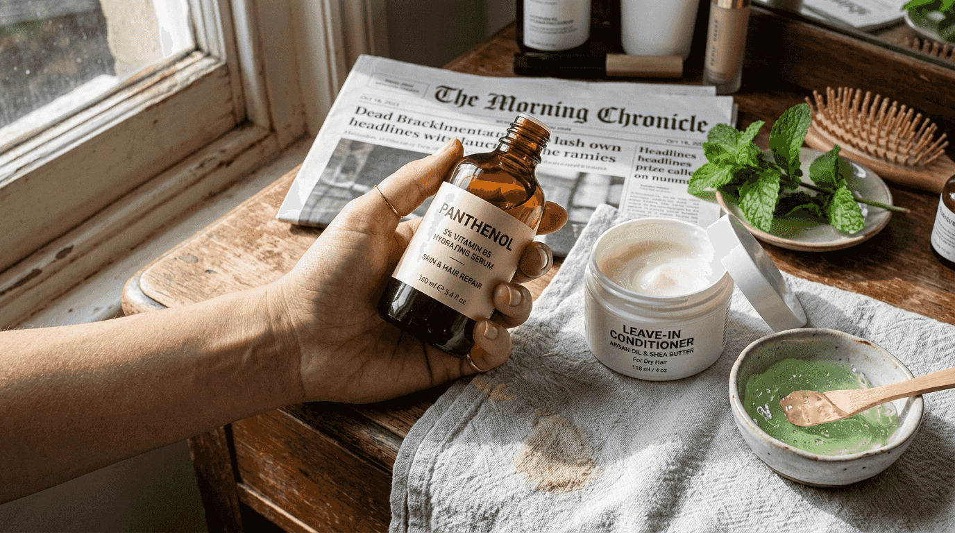 Panthenol and hydrating hair products on vanity
