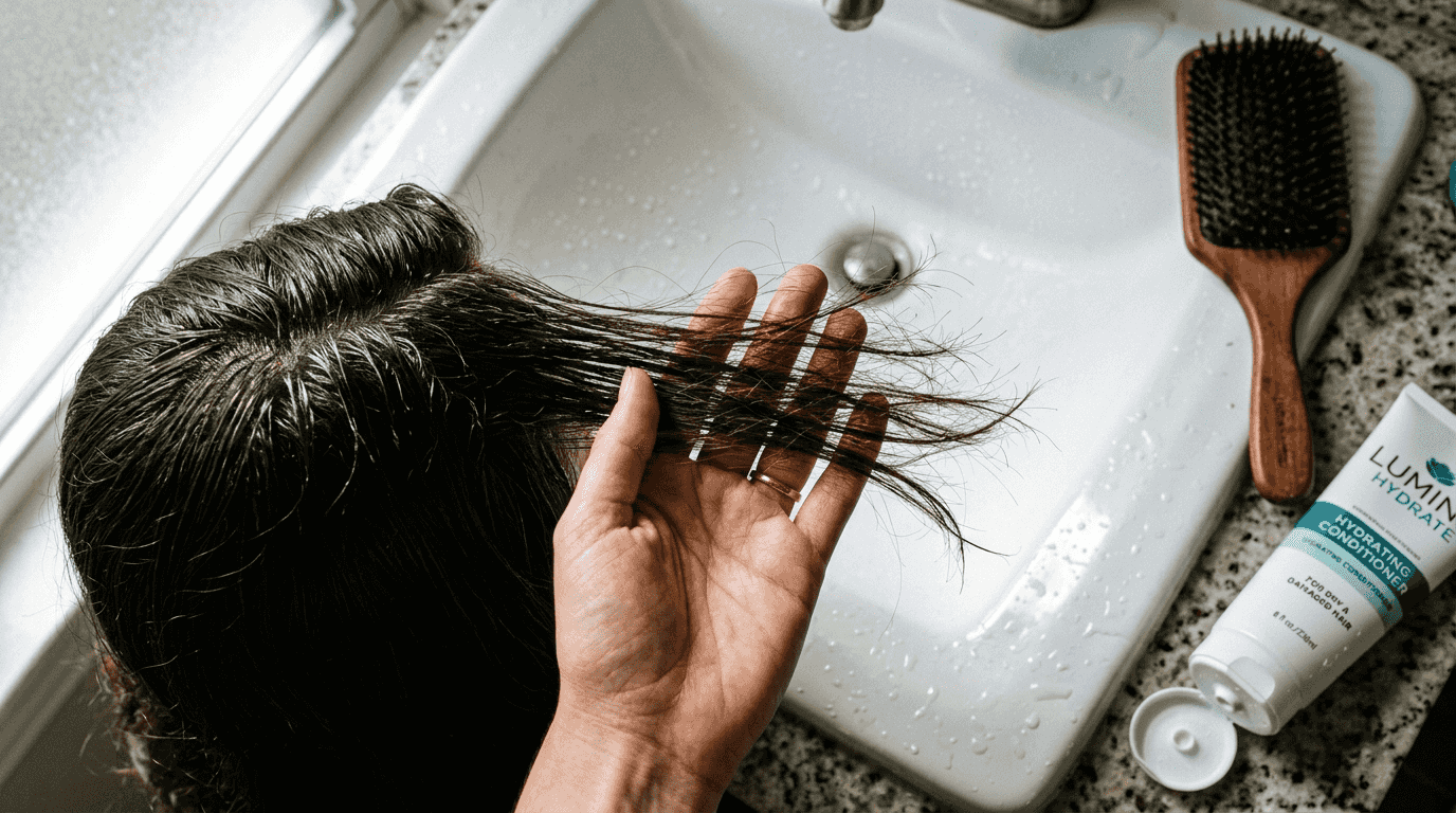 Close-up of dry hair showing oil at roots