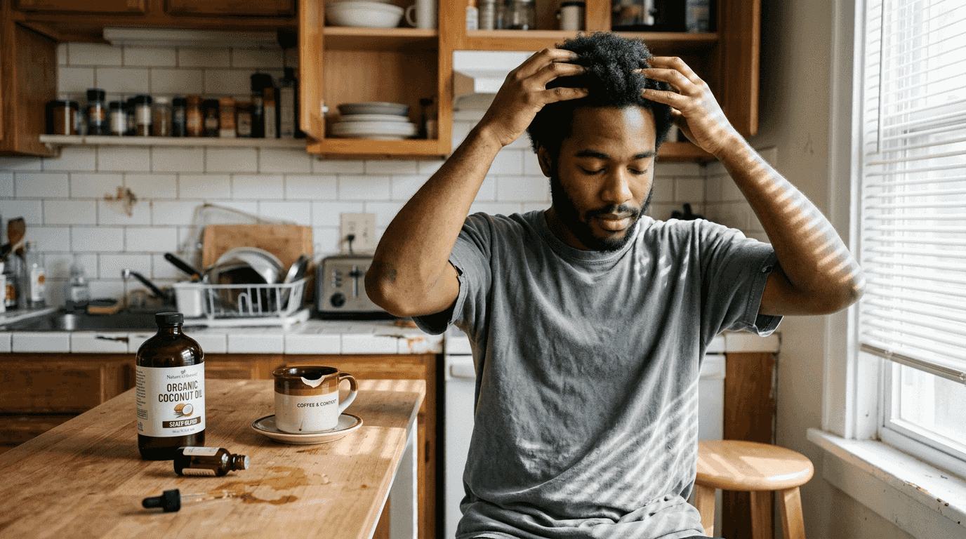 Man massaging hair oil in home setting