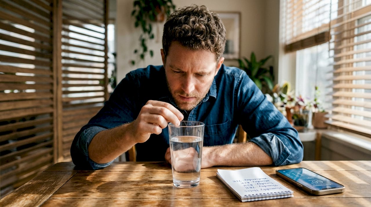 Person testing hair porosity with glass of water