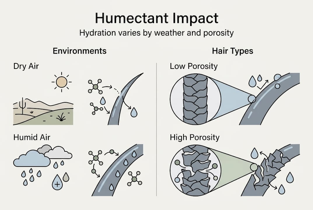 Infographic showing humectant effects by weather and hair