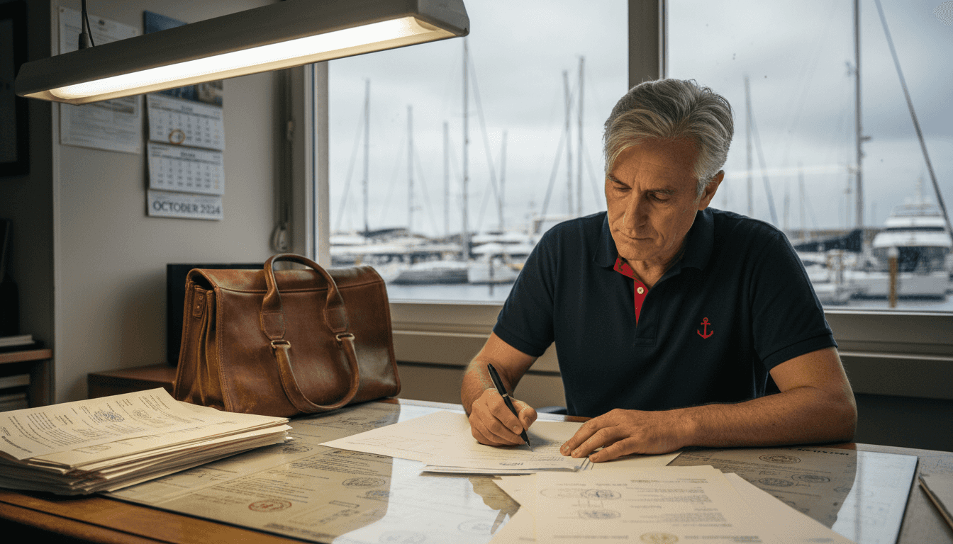 Yacht owner filling out registration papers in office