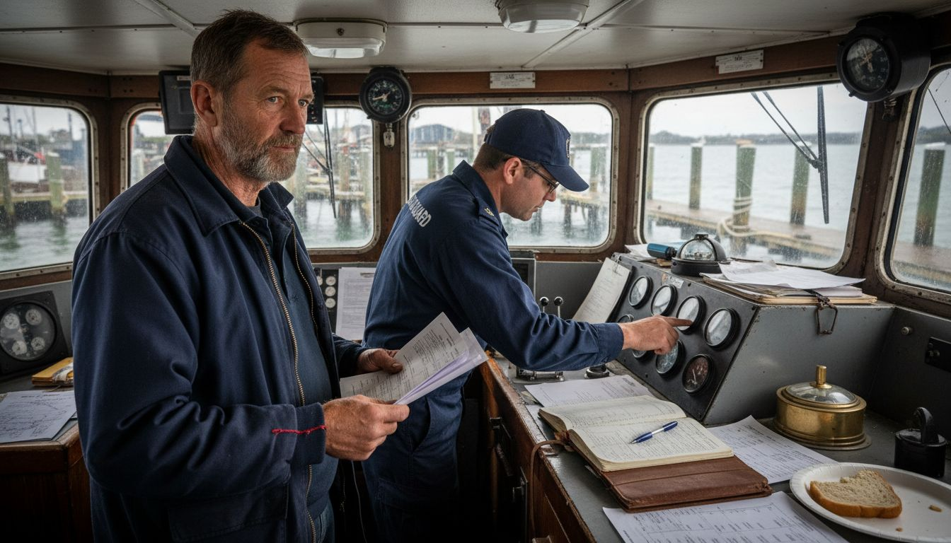 Boat captain and inspector review compliance paperwork