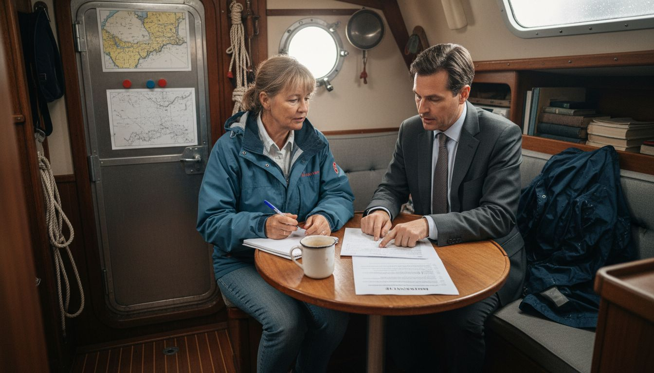 Boat owner discussing insurance in yacht galley