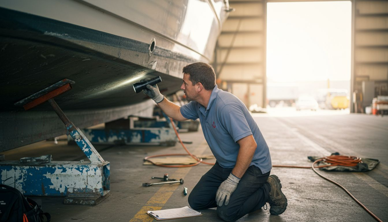 Marine mechanic inspecting yacht hull for damage