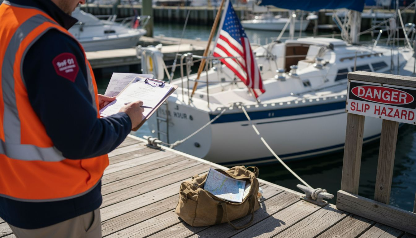 Inspector reviews yacht compliance documents dockside