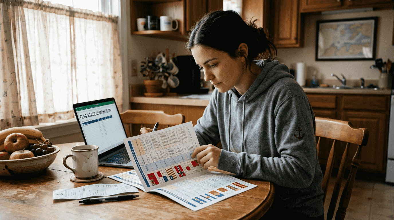 Person reviewing maritime flag comparison chart