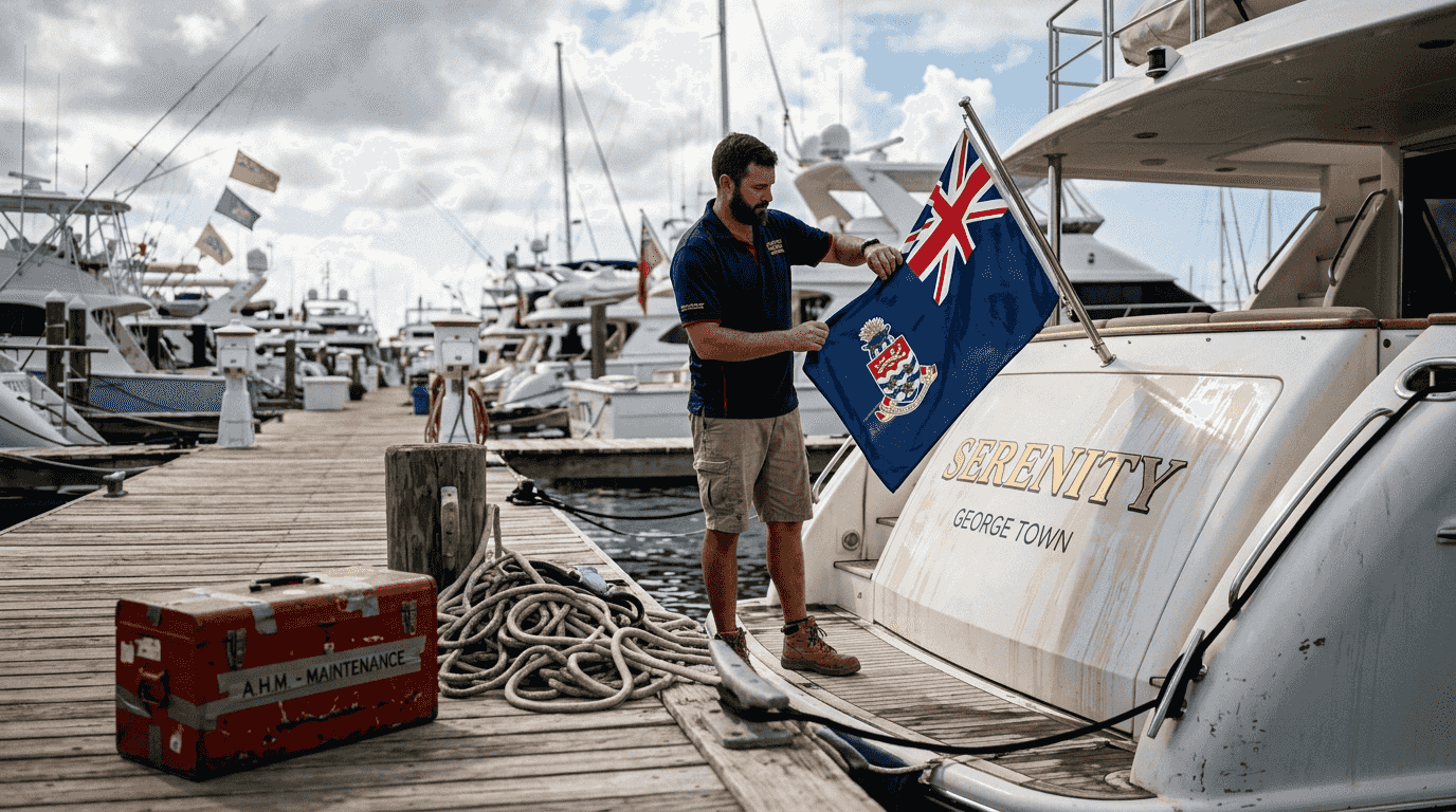 Worker attaching Cayman Islands flag to yacht