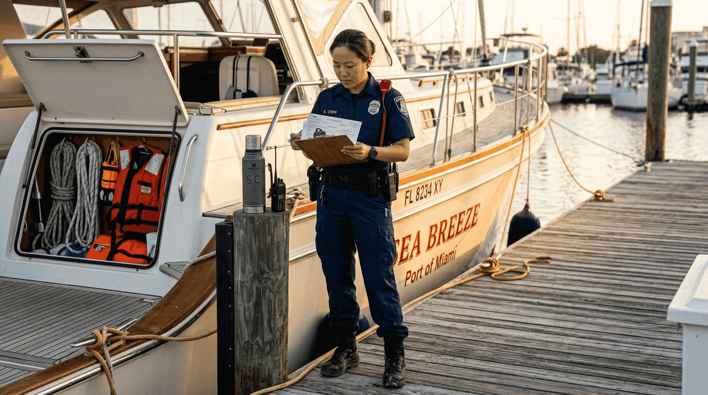 Maritime official inspects yacht registration papers