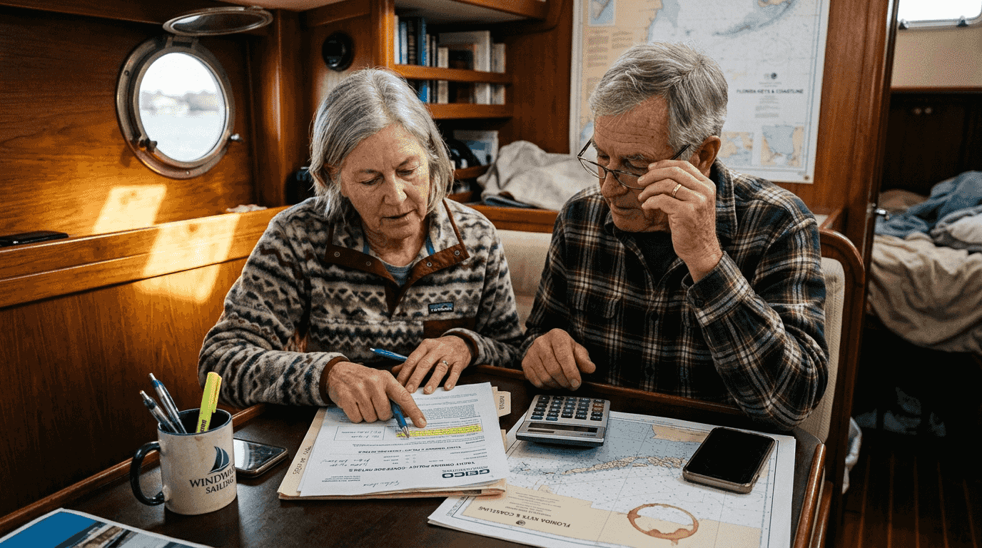 Couple reviewing insurance documents inside yacht