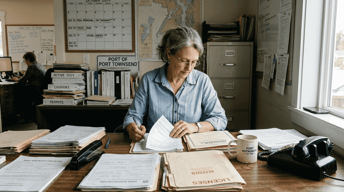 Port official sorting yacht registration paperwork