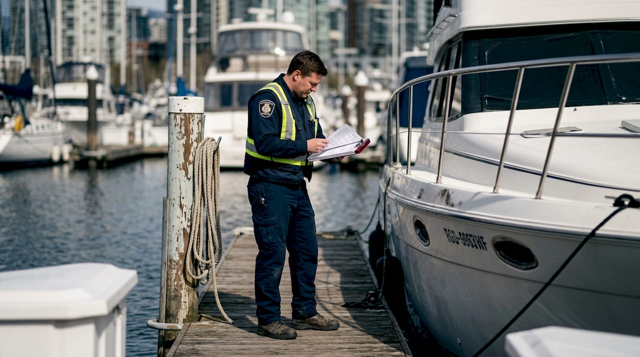 Maritime inspector checks yacht compliance paperwork