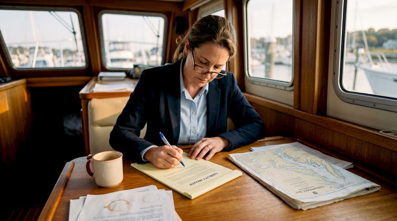 Attorney annotating yacht liability waiver paperwork