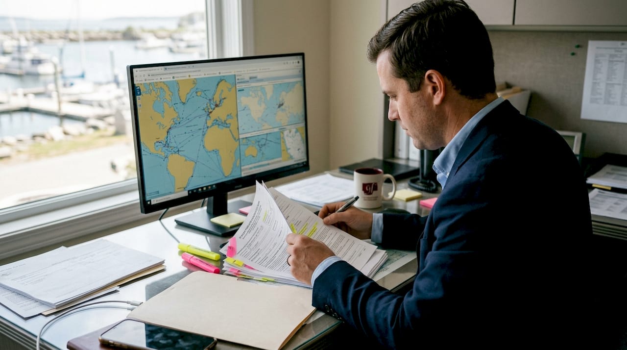 Professional reviewing yacht registration paperwork