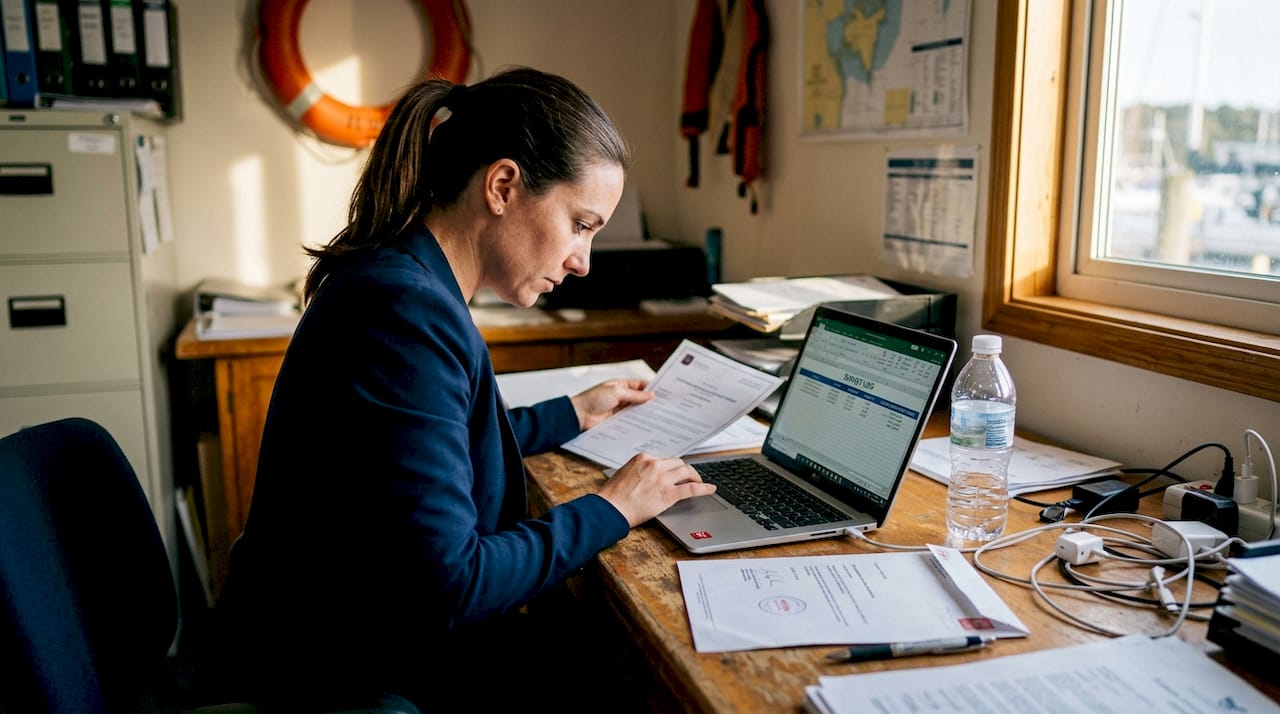Manager auditing yacht surveys at office table
