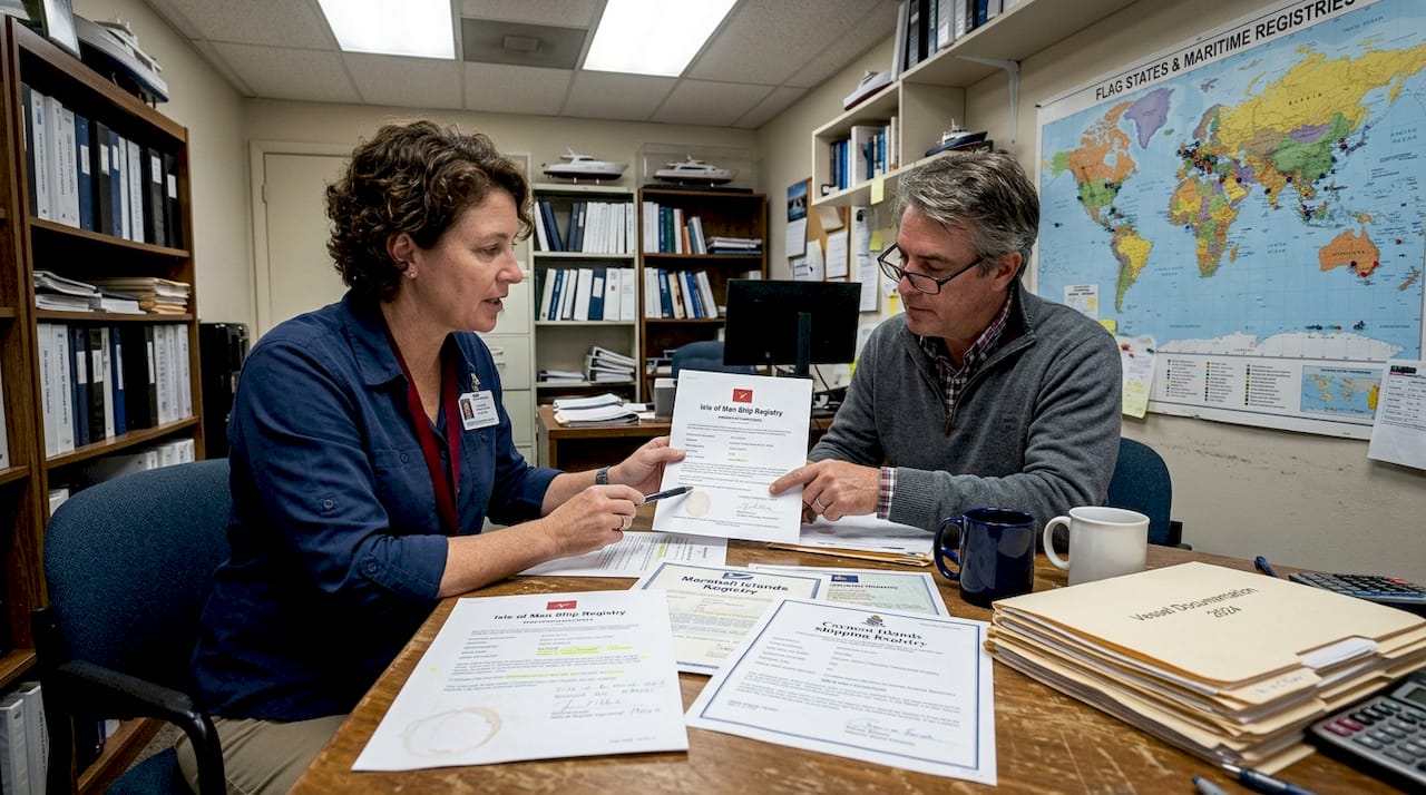 Consultants discussing yacht flag compliance documents