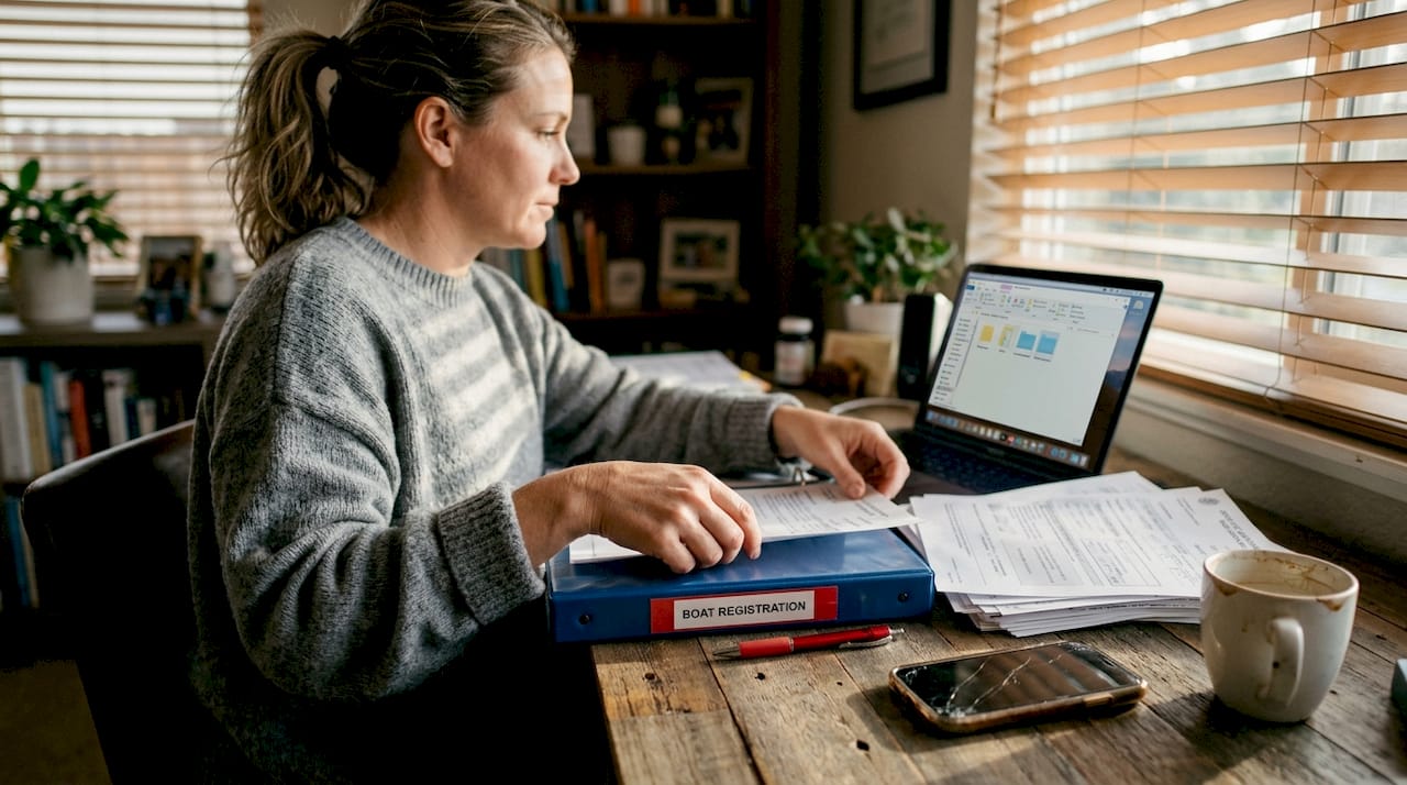 Woman sorting boat registration documents at home