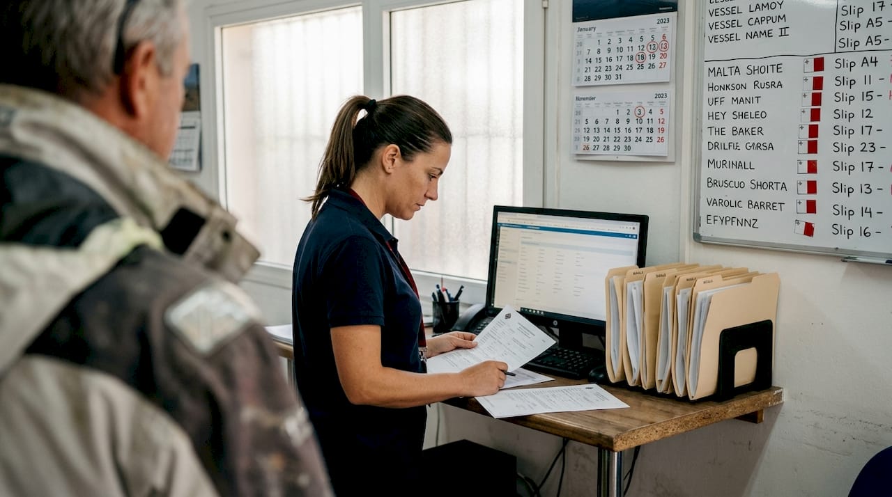 Harbor official checking Malta yacht registration documents