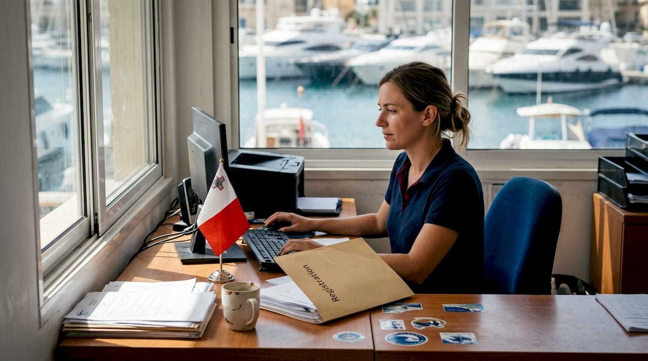 Marina receptionist processing Malta registration