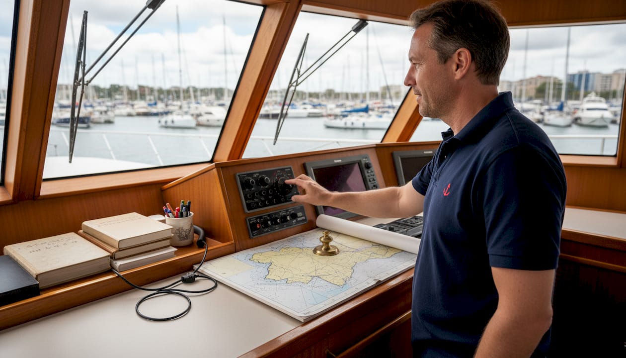 Captain adjusting AIS radio on yacht bridge