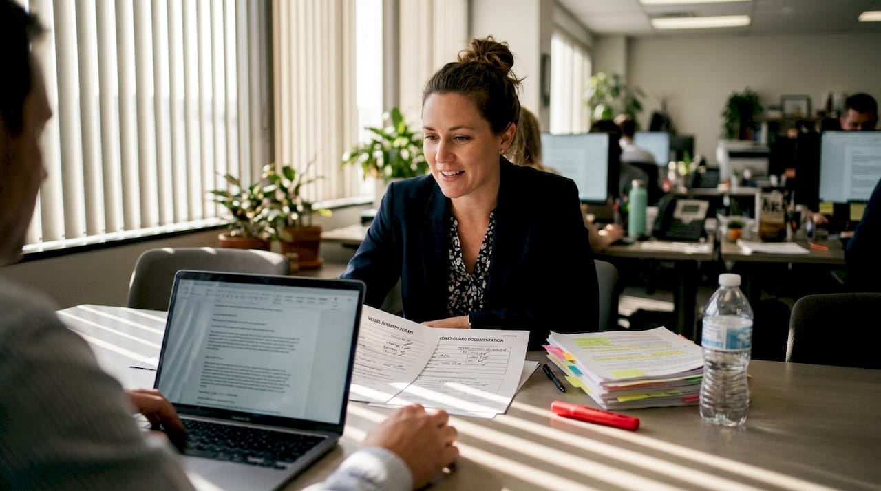 Maritime lawyer discussing registry forms with client