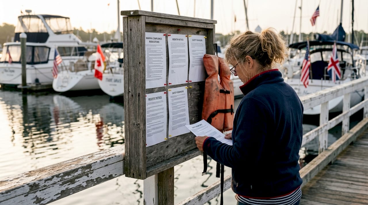 Woman checks compliance notices at marina