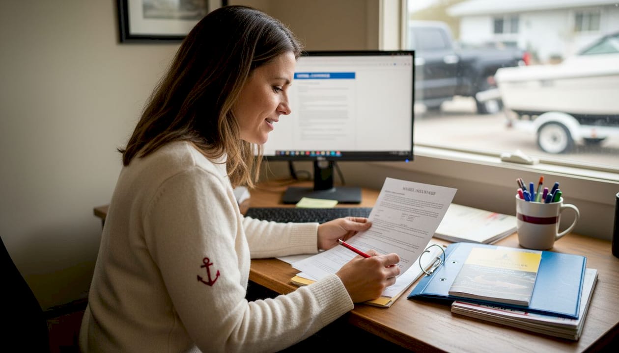 Agent reviews boat policy documents at desk